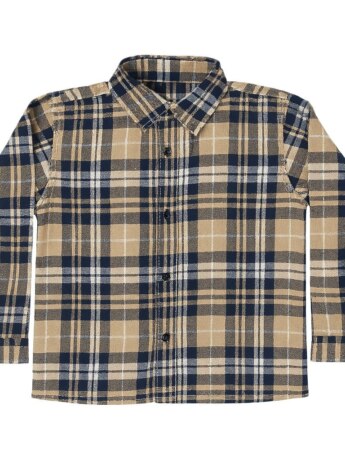 Camisa Infantil Masculina Manga Longa Xadrez Bege e Azul Fernanda Ramos Kids