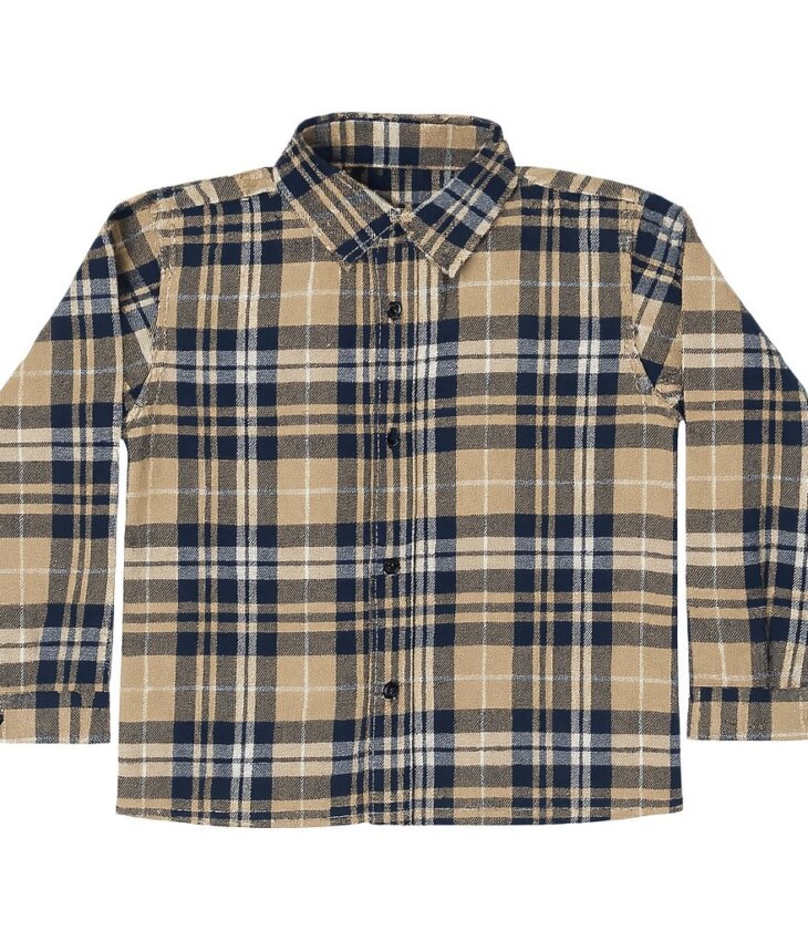Camisa Infantil Masculina Manga Longa Xadrez Bege e Azul Fernanda Ramos Kids
