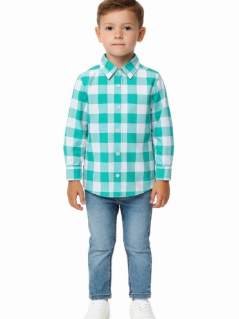 Camisa Infantil Masculina Manga Longa Xadrez Verde Água Fernanda Ramos Kids
