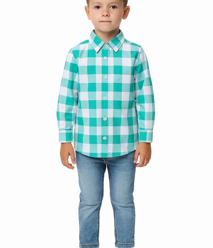 Camisa Infantil Masculina Manga Longa Xadrez Verde Água Fernanda Ramos Kids