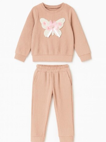 Conjunto Infantil Feminino Canelado Blusa Manga Longa e Calça Bege Fernanda Ramos Kids