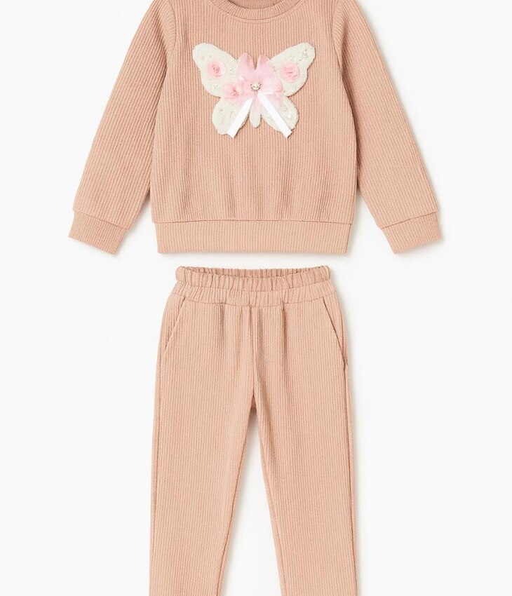 Conjunto Infantil Feminino Canelado Blusa Manga Longa e Calça Bege Fernanda Ramos Kids