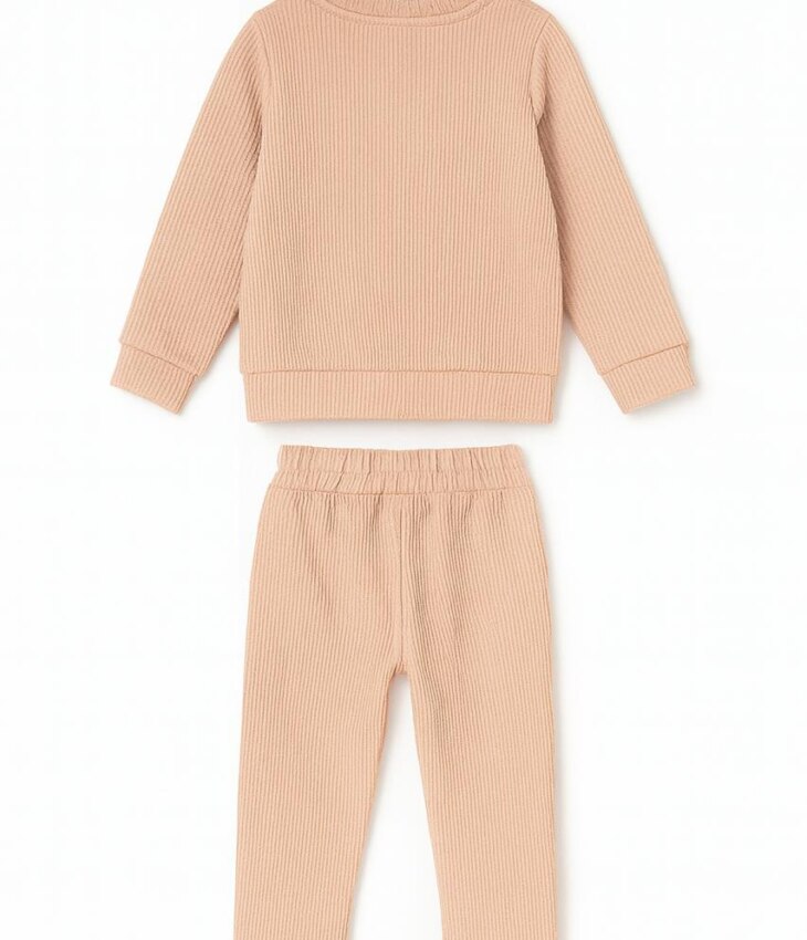 Conjunto Infantil Feminino Canelado Blusa Manga Longa e Calça Bege Fernanda Ramos Kids