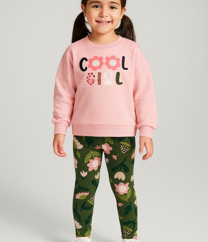 Conjunto Infantil Feminino Casaco e Legging Estampa Flores Verde Fernanda Ramos Kids