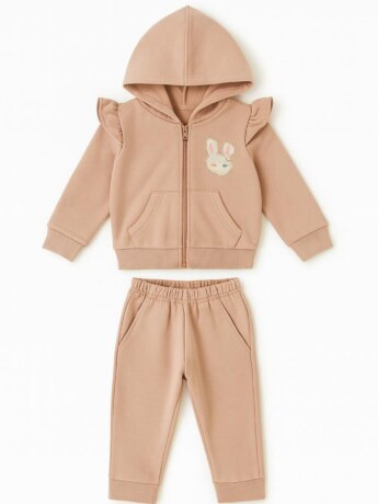 Conjunto Infantil Feminino Moletom Jaqueta Coelho e Calça Bege Fernanda Ramos Kids