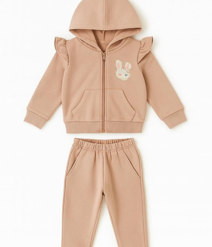 Conjunto Infantil Feminino Moletom Jaqueta Coelho e Calça Bege Fernanda Ramos Kids