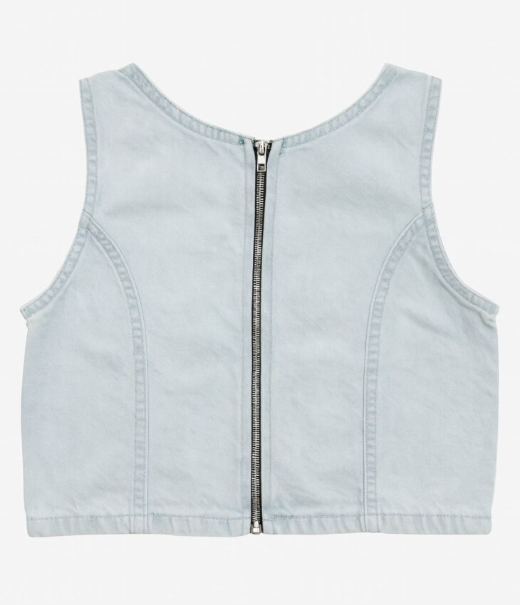 Blusa Top Jeans Detalhes de Pérolas e Ziper nas Costas Fernanda Ramos Kids