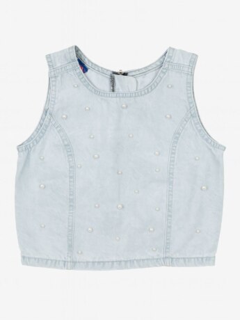 Blusa Top Jeans Detalhes de Pérolas e Ziper nas Costas Fernanda Ramos Kids