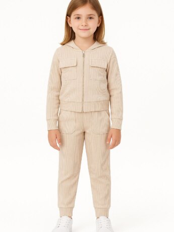 Conjunto Infantil Feminino Blusa Manga Longa e Calça Bege Canelado