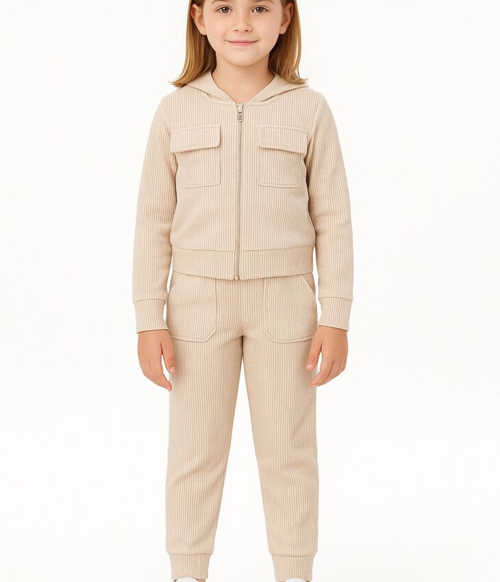 Conjunto Infantil Feminino Blusa Manga Longa e Calça Bege Canelado