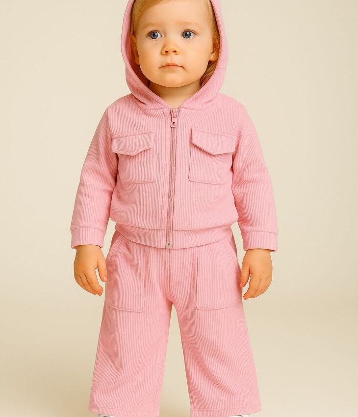 Conjunto Infantil Feminino Canelado Blusa Manga Longa e Calça Rosa Fernanda Ramos Kids