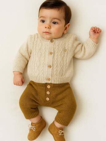 Conjunto Infantil Masculino Casaco Trico Bege e Calça Marrom Fernanda Ramos Kids
