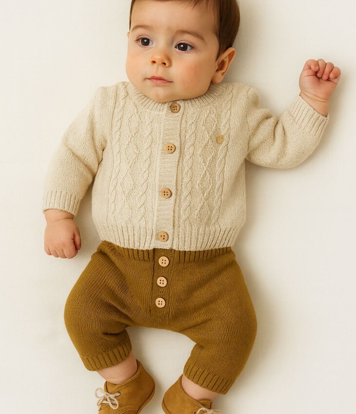 Conjunto Infantil Masculino Casaco Trico Bege e Calça Marrom Fernanda Ramos Kids