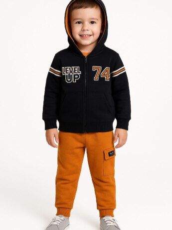 Conjunto Infantil Masculino Jaqueta Preta e Calça Jogger Laranja Fernanda Ramos Kids