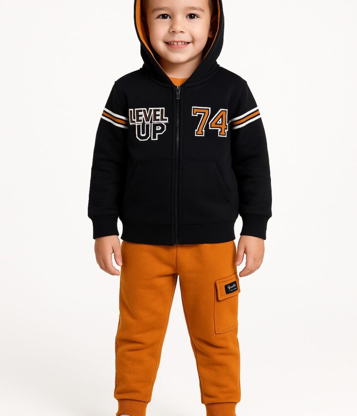 Conjunto Infantil Masculino Jaqueta Preta e Calça Jogger Laranja Fernanda Ramos Kids