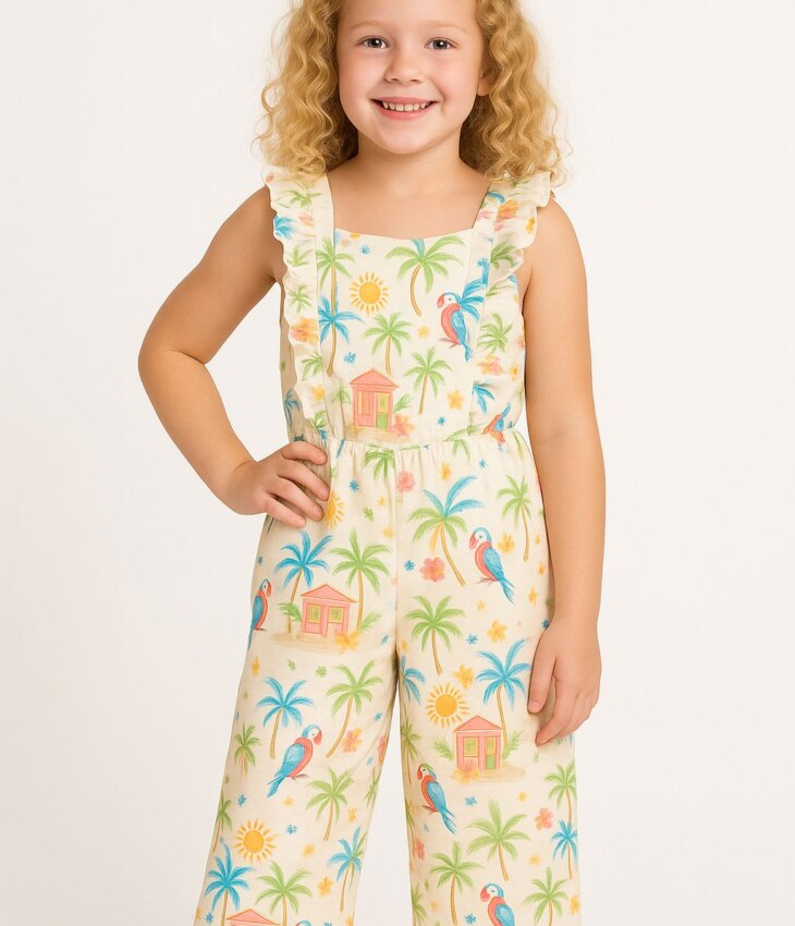 Macacão Infantil Feminino em Viscose Estampado Fernanda Ramos Kids