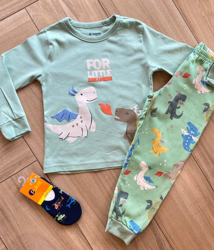 Pijama Infantil Masculino Blusa Manga Longa e Calça Dinossauro Fernanda Ramos Kids