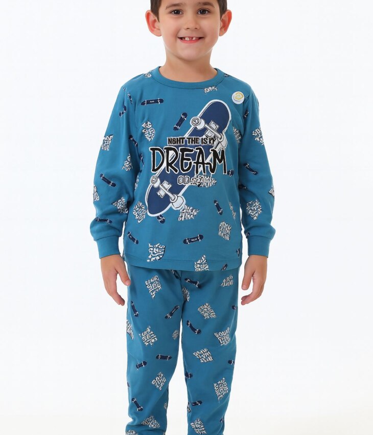 Pijama Infantil Masculino Blusa Manga Longa e Calça Skate Azul Fernanda Ramos Kids