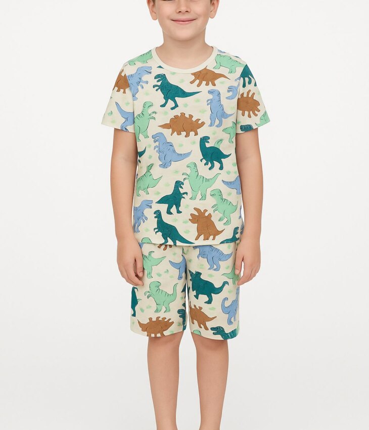 Pijama Infantil Masculino Camiseta e Bermuda Dinossauros Fernanda Ramos Kids