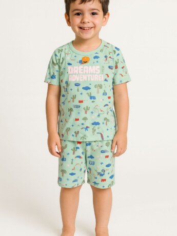 Pijama Infantil Masculino Camiseta e Bermuda Dreams Adventure Verde Fernanda Ramos Kids