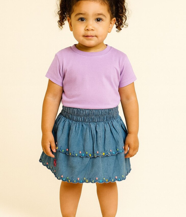 Saia Infantil Feminina Jeans Clara com Babado Colorido Fernanda Ramos Kids
