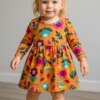 Vestido Infantil Feminino Estampado Manga Longa Laranja com Flores