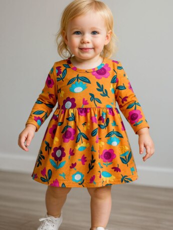 Vestido Infantil Feminino Estampado Manga Longa Laranja com Flores