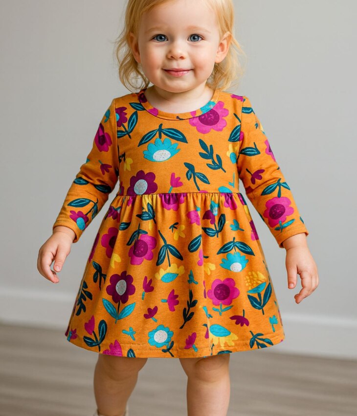 Vestido Infantil Feminino Estampado Manga Longa Laranja com Flores