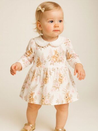 Vestido Infantil Feminino Manga Longa Estampa Coelho Bege Fernanda Ramos Kids