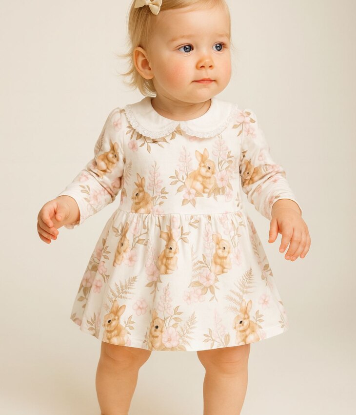 Vestido Infantil Feminino Manga Longa Estampa Coelho Bege Fernanda Ramos Kids
