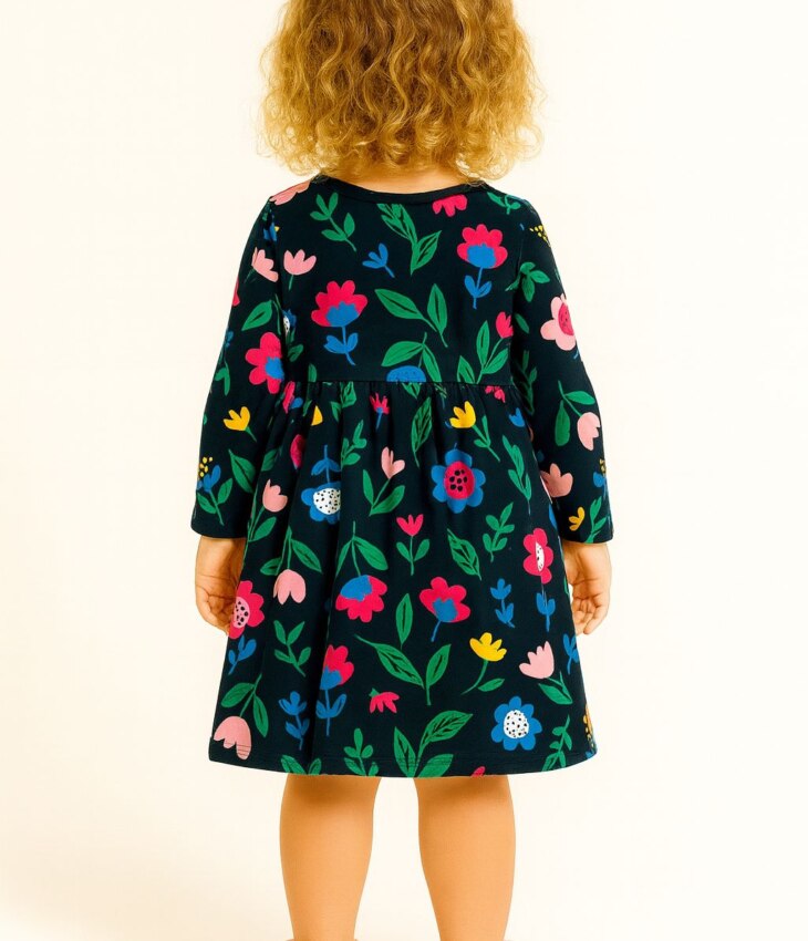 Vestido Infantil Feminino Manga Longa Estampa Flores Azul Fernanda Ramos Kids