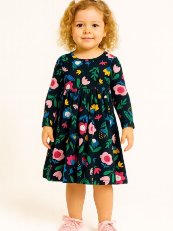 Vestido Infantil Feminino Manga Longa Estampa Flores Azul Fernanda Ramos Kids