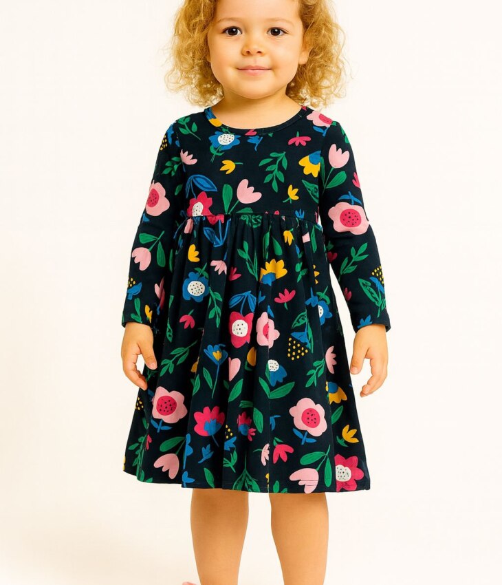 Vestido Infantil Feminino Manga Longa Estampa Flores Azul Fernanda Ramos Kids