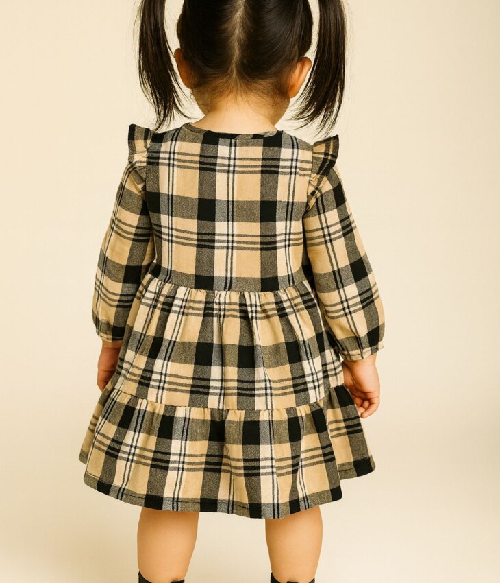 Vestido Infantil Feminino Manga Longa Xadrez Bege com Babados Fernanda Ramos Kids