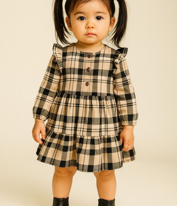 Vestido Infantil Feminino Manga Longa Xadrez Bege com Babados Fernanda Ramos Kids