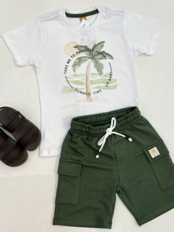 Conjunto Infantil Masculino Camiseta Malha e Bermuda Verde da Fernanda Ramos Kids
