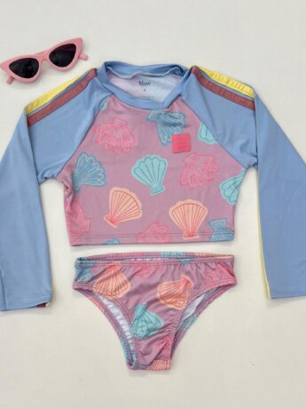 Biquíni Infantil Cropped e Calcinha Estampa Conchas Lilás Fernanda Ramos Kids
