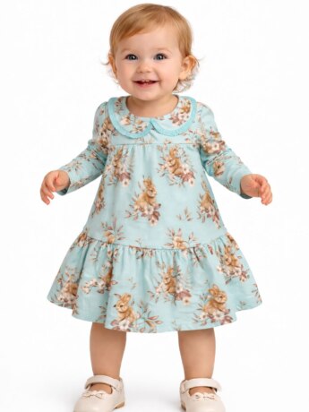 Vestido Infantil Feminino Manga Longa Estampa Coelho Azul Fernanda Ramos Kids