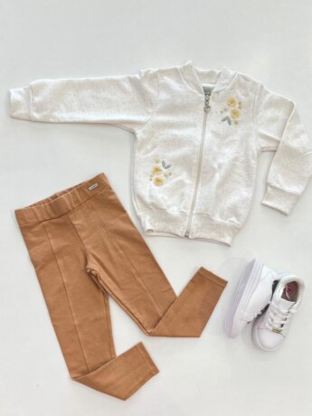 Conjunto Infantil Feminino Blusa Manga Longa e Calça Legging Bege Fernanda Ramos Kids