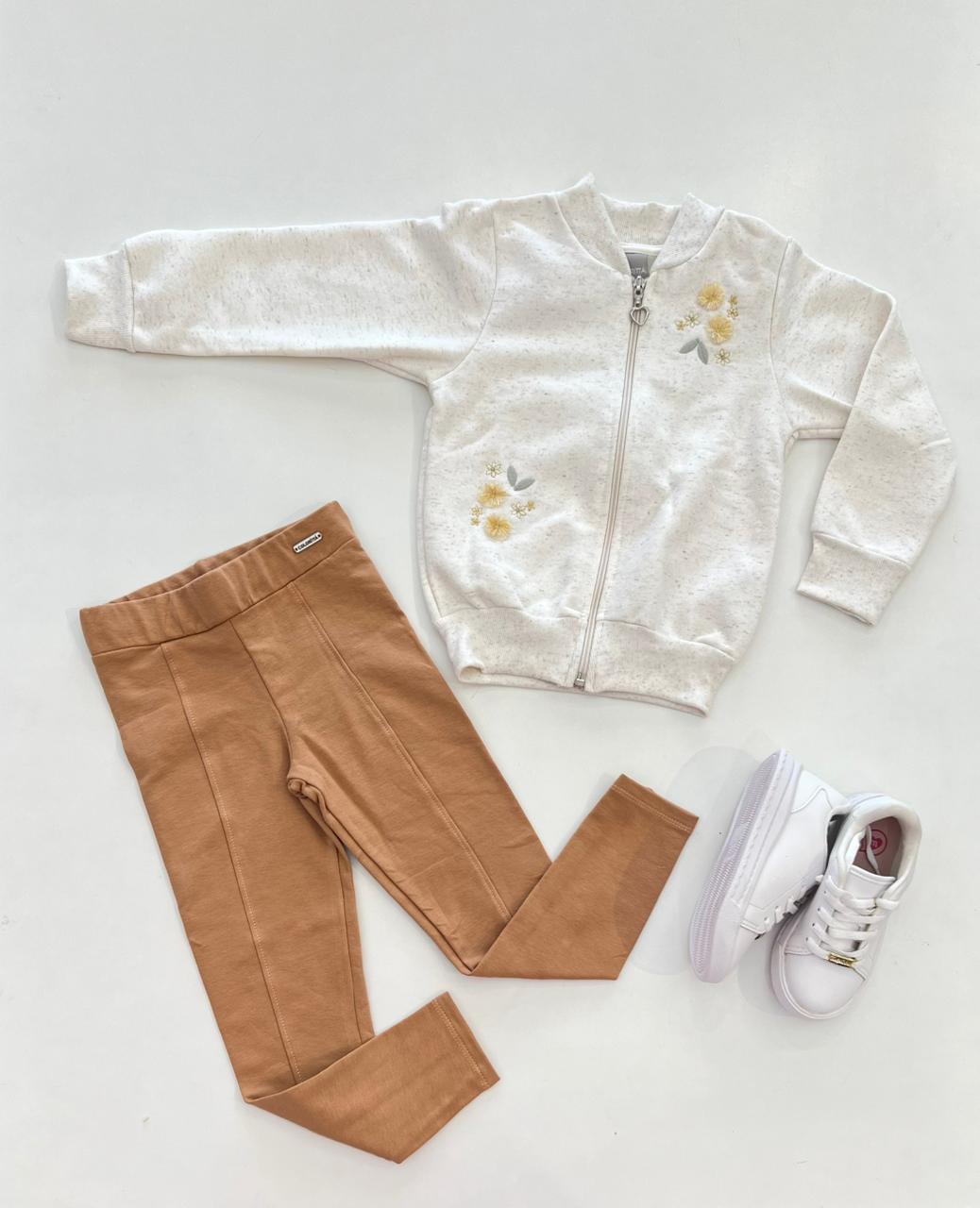 Conjunto Infantil Feminino Blusa Manga Longa e Calça Legging Bege Fernanda Ramos Kids