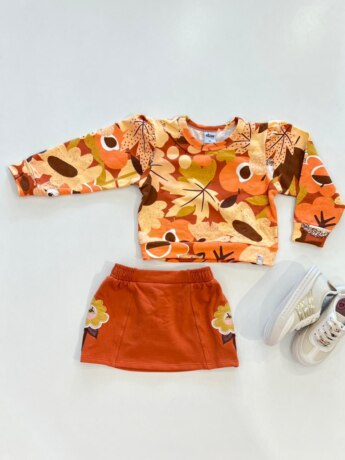Conjunto Infantil Feminino Blusa Manga Longa Estampada e Short Saia Fernanda Ramos Kids