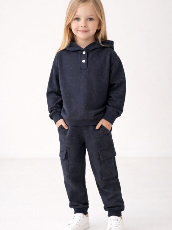 Conjunto Infantil Feminino Blusão com Capuz e Calça Mesclado Preto Fernanda Ramos Kids