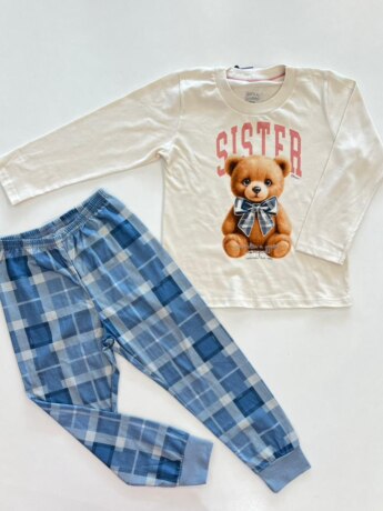 Pijama Infantil Feminino Blusa Manga Longa Urso e Calça Azul Fernanda Ramos Kids