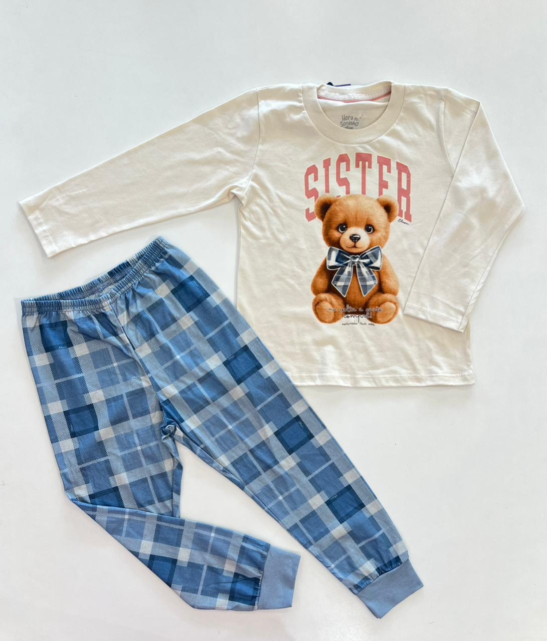 Pijama Infantil Feminino Blusa Manga Longa Urso e Calça Azul Fernanda Ramos Kids