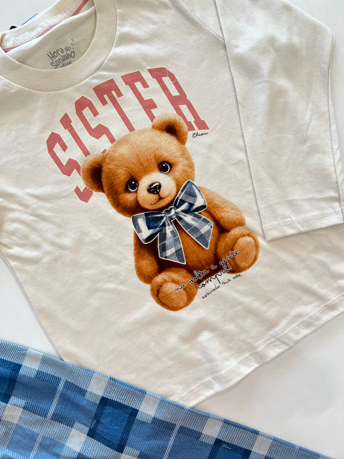 Pijama Infantil Feminino Blusa Manga Longa Urso e Calça Azul Fernanda Ramos Kids