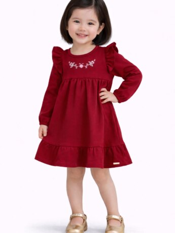 Vestido Infantil Feminino Manga Longa com Babado Marsala Fernanda Ramos Kids