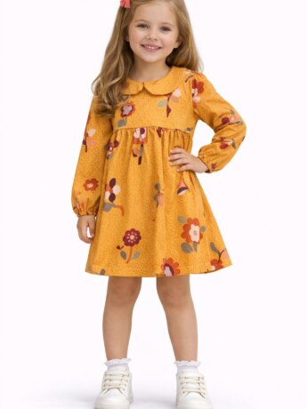 Vestido Infantil Feminino Manga Longa Estampa Flores Mostarda Fernanda Ramos Kids