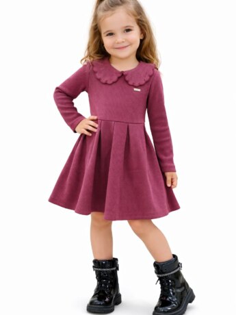 Vestido Infantil Feminino Manga Longa Gola Arredondada Vinho Fernanda Ramos Kids