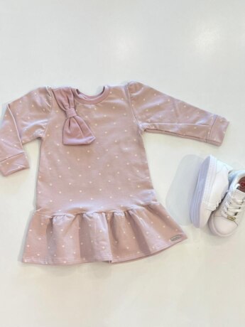 Vestido Infantil Feminino Manga Longa Laço com Bolinhas Brancas Fernanda Ramos Kids