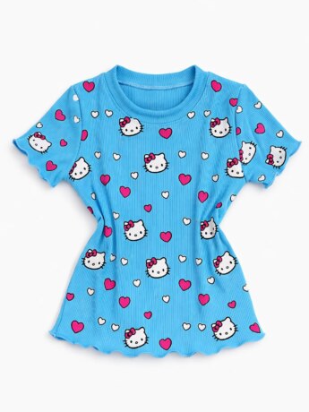 Blusa Infantil Feminina Manga Curta Canelada Azul com Corações Fernanda Ramos Kids